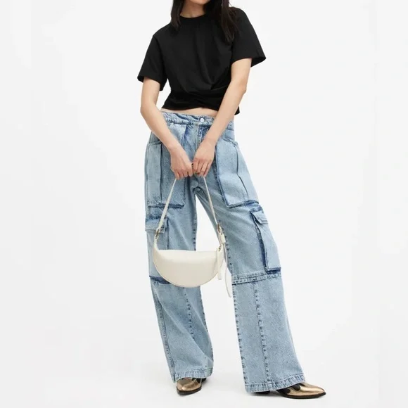 All Saints Black Crop Twisted Front Hem T-Shirt - Picture 3 of 9